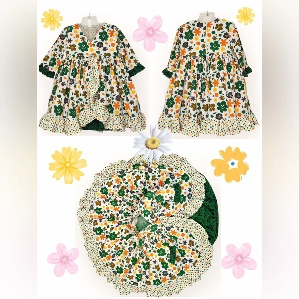 Jelly The Pug Green and Orange Floral Kids Dress (956)